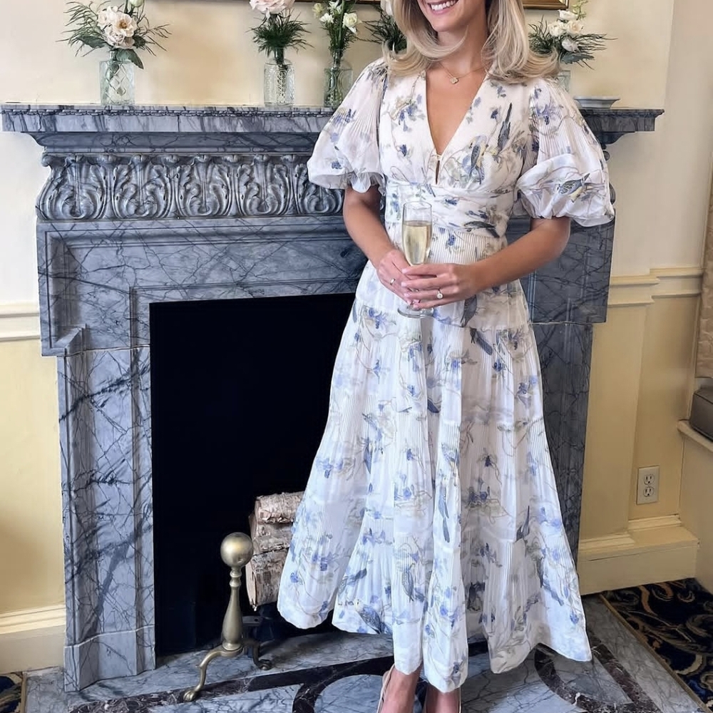 Zimmermann White and Blue A-Line Puff Sleeve Midi Dress